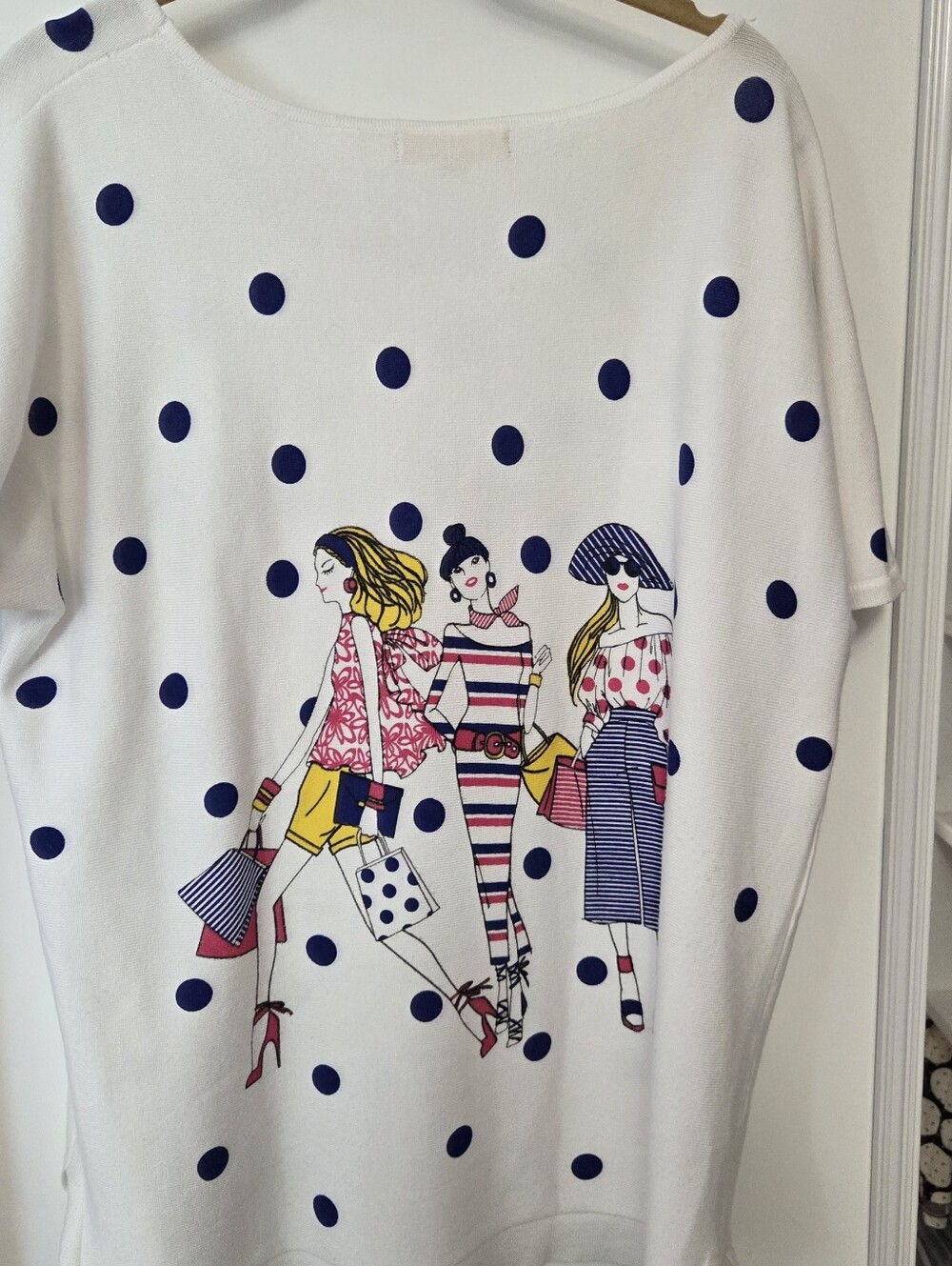 Mesh+lace White Polka Dot Graphic Tee with Fashion Girl Print - Picture 2 of 7
